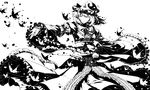  bug butterfly closed_eyes dancing frills greyscale hands hat high_contrast insect japanese_clothes kimono monochrome outstretched_arms outstretched_hand rella saigyouji_yuyuko short_hair smile solo spread_arms touhou wide_sleeves 
