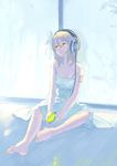  arm_tattoo bare_arms bare_shoulders barefoot blonde_hair breasts cellphone cleavage digital_media_player dress feet foreshortening full_body hair_ribbon headphones kagamine_rin listening_to_music looking_away nagisa_kurousagi nail_polish orange_eyes parted_lips phone rain ribbon sitting solo sundress tattoo toenails vocaloid window wooden_floor yellow_nails 