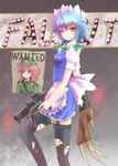  bad_id bad_pixiv_id blue_hair braid claws dual_wielding fallout fallout_3 gun holding hong_meiling izayoi_sakuya long_hair maid parody red_eyes red_hair short_hair solo sumapan thighhighs torn_clothes torn_legwear touhou twin_braids wanted weapon 