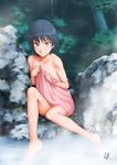  amagami barefoot blush covering forest lb nanasaki_ai nature onsen sitting smile soaking_feet solo towel tree water 