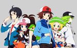  3boys adjusting_eyewear bad_id bad_pixiv_id baseball_cap bel_(pokemon) black_hair blazer blonde_hair brown_hair cheren_(pokemon) denim denim_shorts gen_5_pokemon glasses green_hair grin hat hirosuke_(psychexx) jacket multiple_boys multiple_girls n_(pokemon) oshawott poke_ball pokemon pokemon_(creature) pokemon_(game) pokemon_bw ponytail shorts smile snivy tepig touko_(pokemon) touya_(pokemon) v vest 