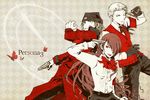  2boys aragaki_shinjirou armband evoker gengendou gun gun_to_head hair_over_one_eye holding holding_gun holding_weapon kirijou_mitsuru long_hair multiple_boys persona persona_3 red_hair sanada_akihiko silver_hair weapon 