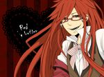  akirai bad_id bad_pixiv_id dress_shirt earrings glasses green_eyes grell_sutcliff grin heart jewelry kuroshitsuji long_hair male_focus red_hair ribbon sharp_teeth shirt smile solo teeth vest 