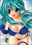  bikini breasts cleavage detached_sleeves green_eyes green_hair kochiya_sanae large_breasts leaning_forward long_hair marker_(medium) pastel_(medium) snake solo swimsuit touhou traditional_media very_long_hair yadokari_genpachirou 