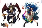  blue_hair food fruit green_eyes green_hair guilty_gear hat highres hinanawi_tenshi johnny_sfondi long_hair mima multiple_girls parody peach red_eyes robo-ky staff style_parody sword sword_of_hisou touhou touhou_(pc-98) weapon wings wizard_hat yin_yang yuukou 