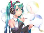  aqua_eyes aqua_hair aqua_nails bubble clipboard detached_sleeves fingernails hatsune_miku headphones lips long_hair nail_polish necktie open_mouth pen sennheiser smile solo twintails upper_body vocaloid wokada 