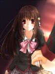  blurry bow brown_hair dragging little_busters! long_hair natsume_rin perspective pink_bow plaid plaid_skirt ponytail red_eyes school_uniform seleca skirt solo_focus 