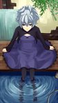  arm_support bad_id bad_pixiv_id bow darker_than_black dress pantyhose plant purple_dress purple_eyes ripples rope silver_hair sitting skirt soaking_feet solo tef water yin 