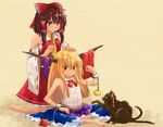  bad_id bad_pixiv_id barefoot black_hair bow braid cat chain comb detached_sleeves hair_bow hakurei_reimu horns ibuki_suika kaenbyou_rin kaenbyou_rin_(cat) long_hair matsutani multiple_girls orange_hair red_eyes sarashi short_hair touhou 