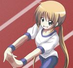  azumaya_hironaru bike_shorts blonde_hair green_eyes gym_uniform hayate_no_gotoku! long_hair sanzen'in_nagi solo stretch twintails wristband 