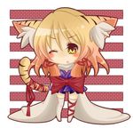  ;&lt; animal_ears bad_id bad_pixiv_id blonde_hair blush bow chibi kemonomimi_mode large_bow leg_ribbon mootor moriya_suwako one_eye_closed ribbon short_hair solo tail tail_ribbon thighhighs tiger_ears tiger_tail touhou yellow_eyes zettai_ryouiki 