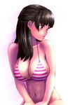  bikini black_eyes black_hair breasts cleavage large_breasts looking_to_the_side navel original popopon solo striped striped_bikini striped_swimsuit swimsuit 