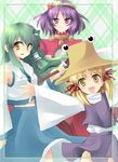  blonde_hair detached_sleeves eyes frog green_hair hat kochiya_sanae long_hair moriya_suwako multiple_girls nogawa_harumi purple_hair red_eyes short_hair touhou yasaka_kanako yellow_eyes 