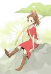  arrietty bad_id bad_pixiv_id bag boots brown_eyes brown_footwear brown_hair clothes_pin daisy dress flower hair_ornament hair_pulled_back hairclip holding holding_leaf karigurashi_no_arrietty leaf leaf_umbrella looking_at_viewer minigirl outdoors ponytail red_dress rock short_sleeves sitting smile solo white_flower yoshito 
