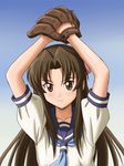  baseball_mitt brown_eyes brown_hair lielos long_hair ogasawara_akiko pitching school_uniform serafuku solo taishou_yakyuu_musume 