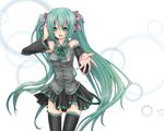  bad_id bad_pixiv_id blush bow bowtie detached_sleeves frills green_eyes green_hair hair_bow hatsune_miku headset long_hair outstretched_arm outstretched_hand reaching skirt solo takamiya_ren thighhighs twintails very_long_hair vocaloid 