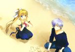  1girl air beach blonde_hair blue_eyes blue_hair day dinosaur hair_over_one_eye kamio_misuzu kunisaki_yukito long_hair ponytail school_uniform squatting takana yellow_eyes 