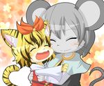  :3 animal_ears bad_id bad_pixiv_id blonde_hair cat_ears chibi furry grey_hair hair_ornament hug kuzugitsune_(inarikami) mouse_ears mouse_tail multiple_girls nazrin nazrin_(mouse) short_hair tail tiger_ears tiger_tail toramaru_shou toramaru_shou_(tiger) touhou whiskers 