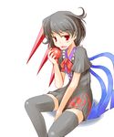  apple black_hair black_legwear blush eating food fruit houjuu_nue kanoe_soushi no_pupils open_mouth red_eyes short_hair simple_background sitting solo thighhighs touhou white_background zettai_ryouiki 