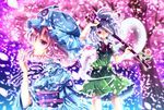  colored_eyelashes eyelashes flower hair_ribbon hairband katana konpaku_youmu konpaku_youmu_(ghost) md5_mismatch momomiya_mion multiple_girls petals pink_eyes pink_hair ribbon saigyouji_yuyuko sheath silver_hair sword touhou unsheathing weapon 