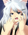  animal_ears bakemonogatari black_hanekawa blue_eyes cat_ears gradient_hair hakui_karasu hanekawa_tsubasa long_hair monogatari_(series) multicolored_hair nekomonogatari nude solo tears transformation white_hair 