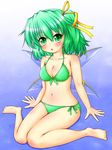  barefoot bikini blush breasts daiyousei fairy_wings front-tie_top green_eyes green_hair hair_ribbon highres medium_breasts navel rena_(riries) ribbon side-tie_bikini side_ponytail sitting solo swimsuit touhou wariza wings 