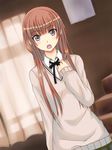  amagami bad_id bad_pixiv_id blush bow brown_hair curtains highres kamizaki_risa long_hair school_uniform solo tsukigano 