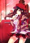  backpack bad_id bad_pixiv_id bag banned_artist brown_hair hair_ornament hairpin hand_in_pocket hat japanese_postal_mark letter original plaid plaid_skirt pole postbox_(outgoing_mail) skirt solo suisen 