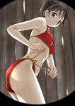  bikini black_hair blue_eyes dokkn from_below highres original ponytail short_hair side-tie_bikini solo swimsuit tying 