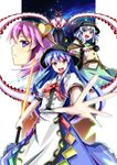  akiyasu blue_hair closed_eyes food foreshortening fruit hairband hands hat hat_ribbon heart hinanawi_tenshi komeiji_koishi komeiji_satori long_hair multiple_girls nagae_iku open_mouth peach purple_eyes purple_hair red_eyes ribbon scarf short_hair siblings silver_hair sisters space star sword sword_of_hisou touhou weapon 