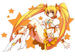  anapom bad_id bad_pixiv_id blonde_hair blush boots bow choker cure_sunshine hair_ribbon heart heartcatch_precure! high_heels highres knee_boots legs long_hair magical_girl midriff myoudouin_itsuki orange_(color) orange_choker orange_eyes orange_skirt precure ribbon shoes skirt smile solo star twintails very_long_hair white_background yellow_bow 