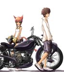  1girl animal_ears brown_hair cross glasses goggles green_eyes ground_vehicle hand_in_pocket helmet lin+ motor_vehicle motorcycle nike paws red_hair shoes shorts simple_background sneakers standing tail yellow_eyes 