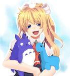  air blonde_hair blue_eyes colored_eyelashes crossover dinosaur eyelashes kamio_misuzu long_hair omingo ponytail school_uniform solo stuffed_animal stuffed_toy tonari_no_totoro totoro 