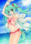  6kusa bad_id bad_pixiv_id bikini breasts frilled_bikini frills front-tie_top green_eyes green_hair hatsune_miku long_hair medium_breasts solo swimsuit traditional_media twintails underboob vocaloid 