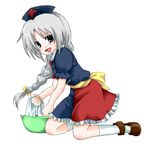  blue_eyes braid grey_hair hat kneeling open_mouth silver_hair smile solo touhou unya yagokoro_eirin younger 