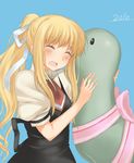  air bad_id bad_pixiv_id blonde_hair closed_eyes dinosaur hug kamio_misuzu kanzume_shima long_hair ponytail school_uniform solo stuffed_animal stuffed_toy 