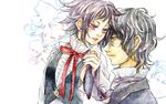  black_hair d.gray-man dark_skin dark_skinned_male formal homura_ayame male_focus multiple_boys purple_eyes purple_hair road_kamelot tyki_mikk 