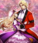  1boy 1girl blonde_hair bow crossover facial_hair fingerless_gloves frills gloves hat heart honchu image_sample long_hair m.u.g.e.n mustache pixiv_sample rugal_bernstein short_hair tabard the_king_of_fighters touhou yakumo_yukari yin_yang 