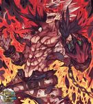  belt berserker_(dungeon_and_fighter) blood burning burning_eyes claws crazy cropped_jacket dungeon_and_fighter evil_grin evil_smile fang fire glowing glowing_eyes grin injury male_focus manly official_art pants red_eyes sharp_teeth slayer_(dungeon_and_fighter) smile solo teeth yi_lee 