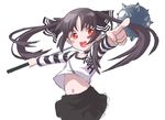  bad_id bad_pixiv_id black_hair kooh long_hair mace midriff mofu orange_eyes pangya pointing simple_background solo twintails weapon 