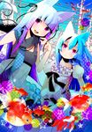  animal_ears blue_hair cat_ears fish hair_ribbon highres moonyan multiple_girls original pink_eyes power_lines purple_hair ribbon scarf 