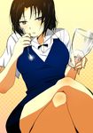  black_hair close-up crossed_legs glass grey_eyes highres nakoumi_kokoro open_mouth shirafuji_kyouko short_hair sitting solo spoon working!! 