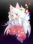  bow chibi fire fujiwara_no_mokou hair_bow highres long_hair open_mouth red_eyes rui_tamachi solo suspenders touhou very_long_hair white_hair 