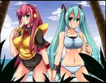  aqua_hair bad_id bad_pixiv_id bikini bikini_under_clothes blue_eyes food green_eyes groin hatsune_miku holding_hands long_hair megurine_luka midriff multiple_girls necktie no_pants pako_(moto_paco) popsicle school_swimsuit shirt sweater_vest swimsuit swimsuit_under_clothes tank_top taut_clothes taut_shirt twintails vocaloid wristband 