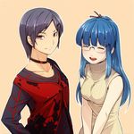  black_hair blue_hair brown_eyes choker closed_eyes glasses long_hair multiple_girls original rui_tamachi short_hair sleeveless sleeveless_turtleneck smile sweater turtleneck 