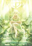  barefoot book dress fantasy feet green_eyes minami_seira original overgrown plant sitting solo throne white_hair 
