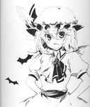  angry bat bat_wings brooch fang frown greyscale hands_on_hips hat jewelry jpeg_artifacts monochrome remilia_scarlet scan short_hair solo touhou traditional_media tsukimoto_aoi wings 