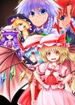  aozora_market blonde_hair blue_eyes blue_hair bow cosplay costume_switch fang flandre_scarlet flandre_scarlet_(cosplay) hair_bow hands_on_hips hat highres hong_meiling hong_meiling_(cosplay) izayoi_sakuya izayoi_sakuya_(cosplay) kirisame_marisa long_hair maid_headdress patchouli_knowledge purple_hair red_eyes red_hair remilia_scarlet remilia_scarlet_(cosplay) short_hair slit_pupils sweatdrop touhou wings 