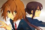  blazer brown_eyes brown_hair bruise clenched_hand hair_ornament hairpin hirasawa_yui injury jacket k-on! karuha long_hair multiple_girls nakano_azusa necktie no_thank_you! open_mouth profile school_uniform short_hair 