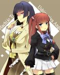  armband bad_id bad_pixiv_id black_hair black_legwear blue_eyes hachijou_ikuko hair_bobbles hair_ornament hand_on_hip hime_cut jewelry kl long_hair multiple_girls necklace purple_eyes red_hair skirt thighhighs twintails umineko_no_naku_koro_ni ushiromiya_ange zettai_ryouiki 